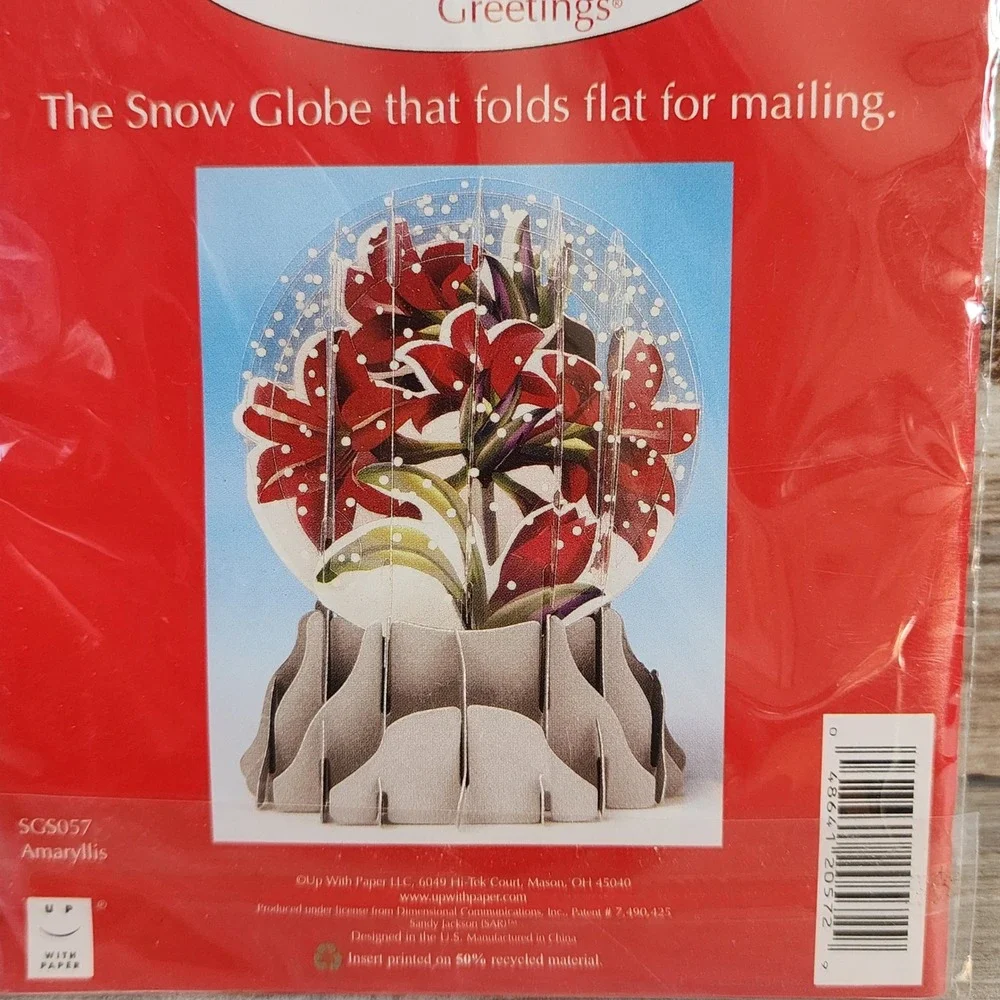 Up With Paper Amaryllis Pop Up Snow Globe Greeting Card SGS057 3D Floral Holiday
